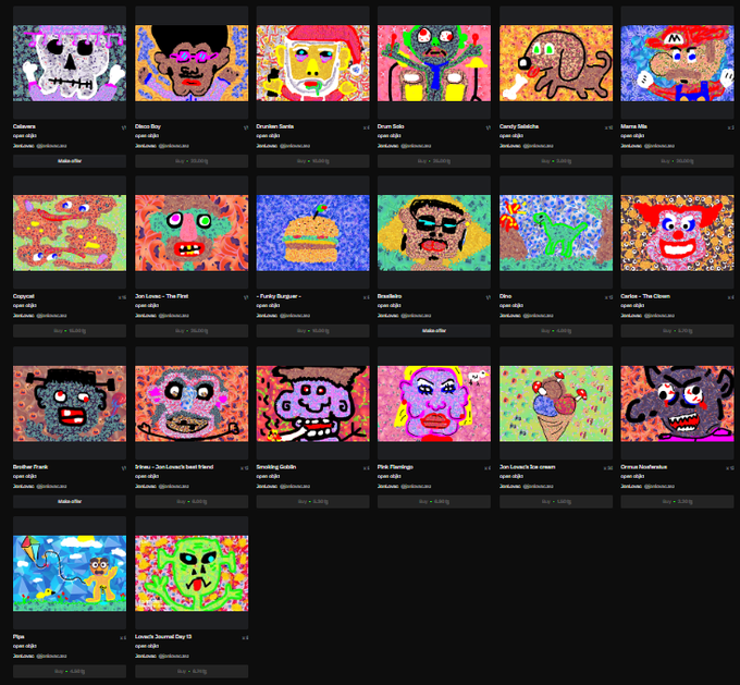 A digital gallery displays a grid of colorful, childlike digital art pieces with titles including 'Cainova', 'Chico Boy', 'Christian Sarda', 'Devin Sada', 'Candy Golzinha', 'Mama Mia', 'Copycat', 'Jon Levos - The First', 'Farty Burger', 'Brushtin', 'Dino', 'Carlos - The Clown', 'Brother Frank', 'Bravi - Jon Levos's best friend', 'Smoking Goblin', 'Pink Flamingo', 'Jon Levos's Ice cream', 'Cirrus Neubreexe', 'Pipe', and 'Levos's Journal Day 12', each credited to 'open ed3s' and 'Jonlevels' with bidding options.