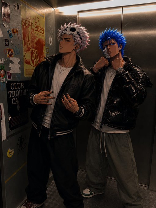 Two stylish anime-inspired figures—one with silver hair and a skull mask, the other with spiky blue hair—pose confidently in an elevator adorned with posters reading "SEPT 17, 2023" and "CLUB TROUBLE," capturing a moody urban vibe perfect for a "gm frens, happy new month" greeting.