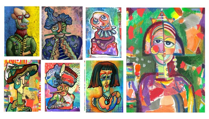 A collection of vibrant, colorful cubist-style paintings featuring abstract portraits and faces, with one larger painting on the right and six smaller ones on the left.