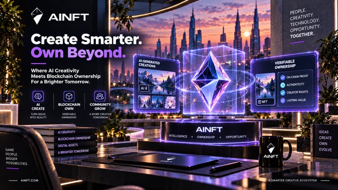 A promotional advertisement for AINFT reads 'Create Smarter. Own Beyond.' and highlights AI-generated creations, blockchain ownership, and NFT features against a city backdrop.