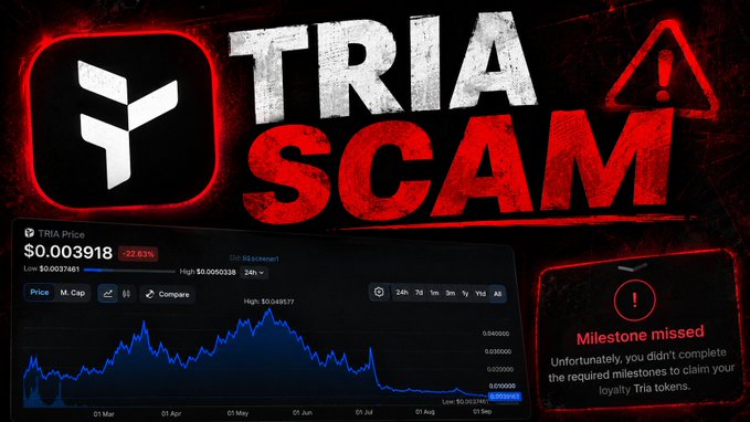 A thumbnail-style graphic with a red and black color scheme accuses TRIA of being a 'SCAM,' featuring a TRIA Price chart showing a value of $0.003918 (down 22.83%) and a 'Milestone missed' warning about unclaimed loyalty Tria tokens.