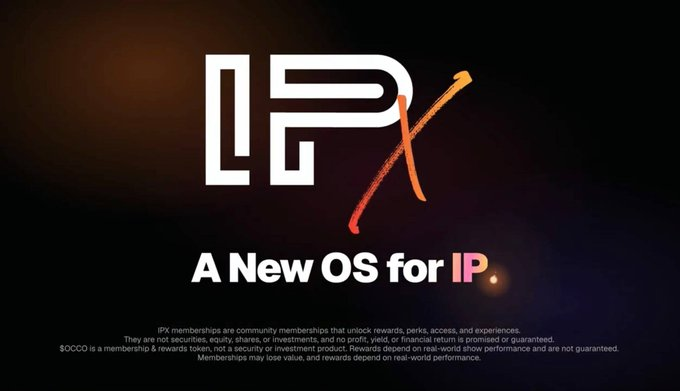 A promotional graphic with the logo 'IPX' and text 'A New OS for IP', along with disclaimer text about IPX memberships being community memberships, and noting that $COCO is a meme token and not a security.