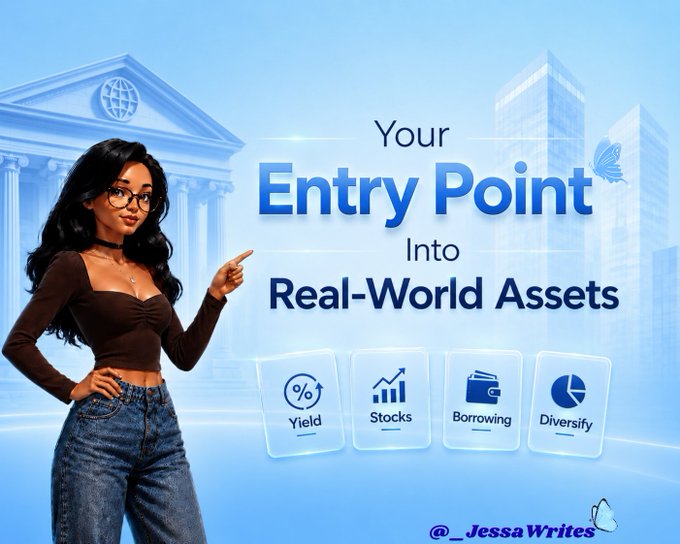 A promotional graphic featuring a woman pointing to the text 'Your Entry Point Into Real-World Assets' with icons for Yield, Stocks, Borrowing, and Diversify, credited to @_JessaWrites.