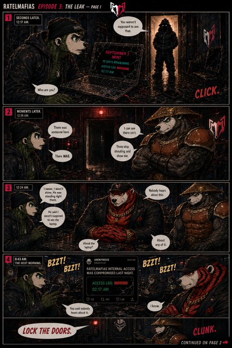 A dark comic page titled 'RATELMAFIAS EPISODE 5: THE LEAK - PAGE 1' depicting a narrative about a server breach, with dialogue panels showing characters questioning each other, ending with 'LOCK THE DOORS' and 'CLUNK.'