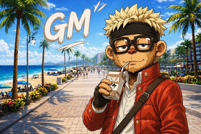 A blonde, anthropomorphic monkey wearing glasses, a red jacket, and a headband sips from a juice box labeled "RUKA" along a sunny beachside promenade, with "GM" (good morning) written in bold text above. The image ties into the post's playful "GM" greeting, suggesting it's still morning somewhere and there's still time for a casual hello.