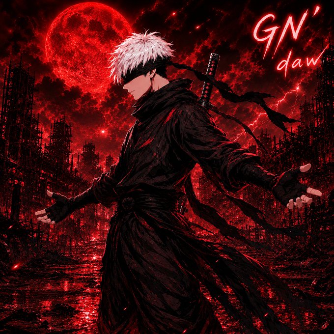 A dark anime-style image featuring a white-haired character in a black coat with a sword on his back, standing against a red moonlit cityscape with the text "GN' daw" in the upper right.