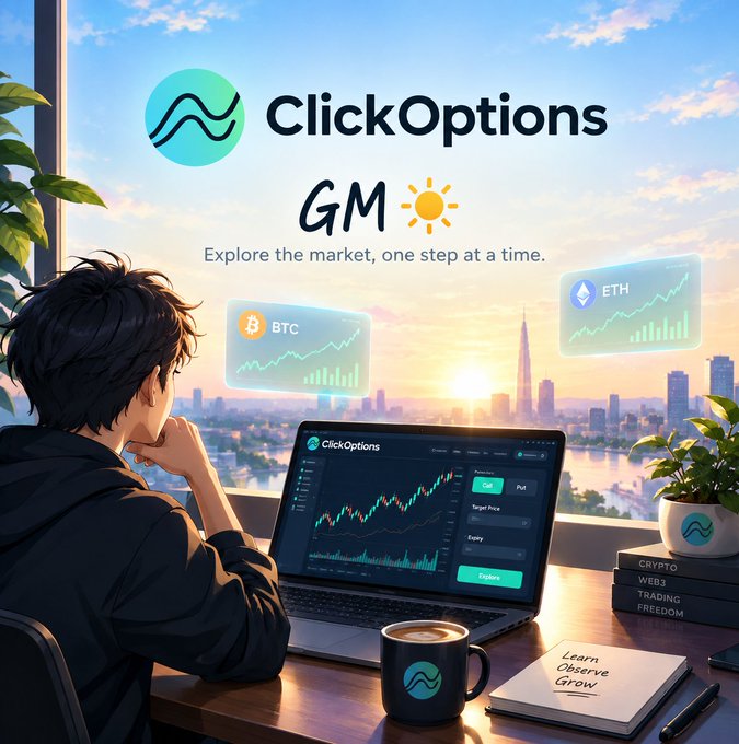 A promotional graphic for 'ClickOptions' with the greeting 'GM ☀️ Explore the market, one step at a time' showing an illustrated figure looking at BTC and ETH charts on a laptop, with a 'Learn Observe Grow' notebook.