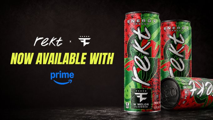 A promotional advertisement for 'rekt' energy drink by W Melon, displayed as green and red cans with 'Energy Focus' branding, noting it is 'NOW AVAILABLE WITH prime.'