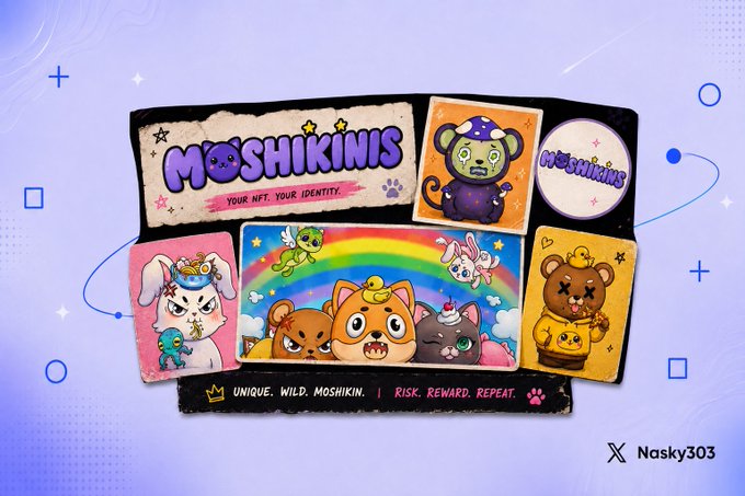 A promotional graphic for 'MOSHIKINIS' NFT collection displaying various colorful cartoon animal characters including cats, bears, and rabbits, with the tagline 'YOUR NFT. YOUR IDENTITY' and 'UNIQUE. WILD. MOSHIKIN. | RISK. REWARD. REPEAT.'