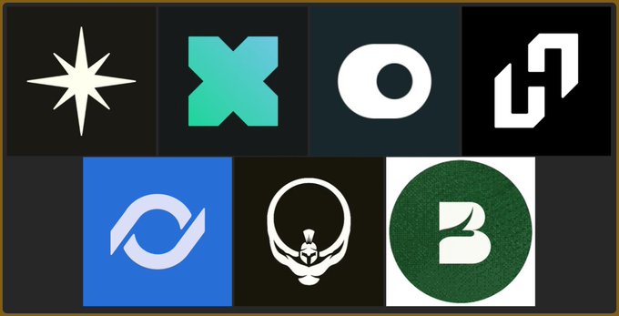 A grid of seven project logos—including Star (Bulk), a teal "X" (xStocks), an "O" (OnRe), a geometric "H" (Hylo), a swirl (Loopscale), a spartan helmet (Titan), and a "B" (Backyard)—displayed as visual icons corresponding to the Solana airdrop positions and ranks listed in the caption.