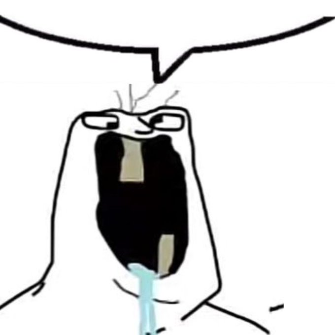 A crudely drawn cartoon shows a screaming figure with an exaggerated open mouth from which fluid is dripping.