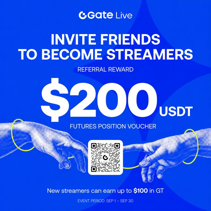 A blue Gate Live promotional advertisement offering a $200 USDT futures position voucher referral reward for inviting friends to become streamers, with event period September 1-30 and a QR code.