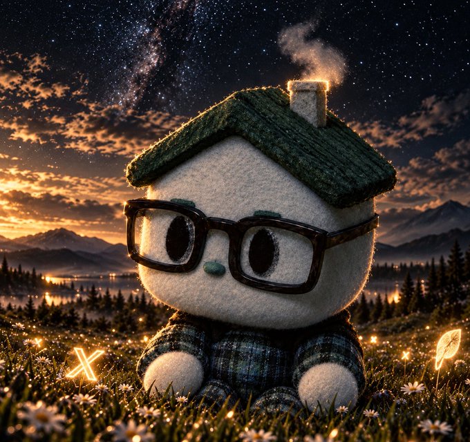 A digital artwork of an adorable plush-like character with a mossy green roof for a head, wearing glasses and a plaid shirt, sitting in a grassy field of daisies under a starry night sky with the Milky Way visible.