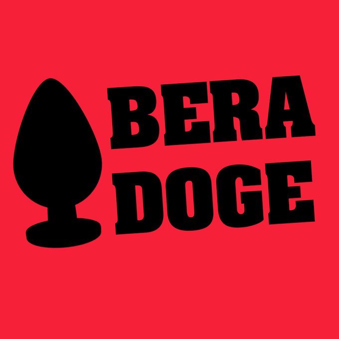 A black silhouette of a spade shape next to the text 'BERA DOGE' in bold black lettering on a red background.