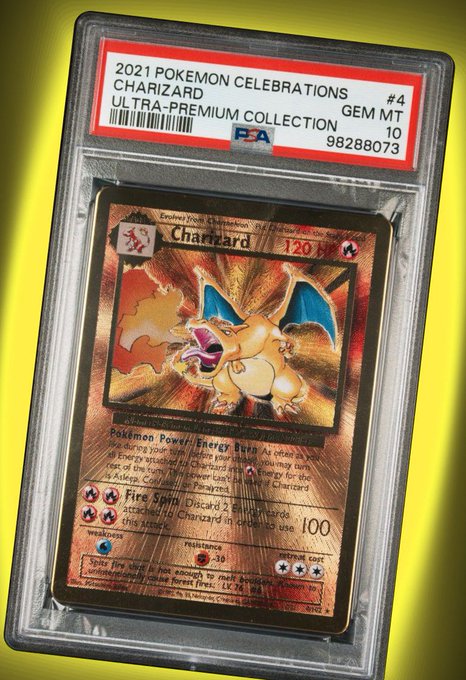 A PSA 10 graded 2021 Pokémon Celebrations Ultra-Premium Collection Charizard card #4 (cert #98288073) is displayed in a protective slab, matching the post's highlight of pulling a Gem Mint 10 from a Solflare pack that dramatically increased its value.