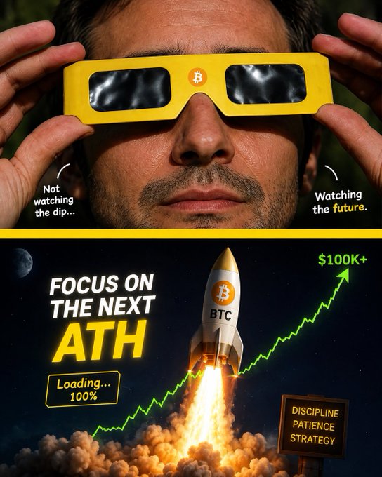 This composite image features a man wearing 3D glasses that say "Watching the future" rather than "watching the dip," paired with an illustration of a Bitcoin (BTC) rocket launching toward a $100K+ target. The visual reinforces the post's message to ignore temporary price crashes and focus on the long-term bullish trajectory of Bitcoin.