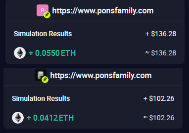 A screenshot of transaction results showing '+ 0.0550 ETH ≈ $136.28' and '+ 0.0412 ETH ≈ $102.26' from https://www.ponsfamily.com.