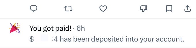 A screenshot of a banking notification showing "You got paid!" from 6 hours ago, with a deposit amount partially censored as "$14 has been deposited into your account," illustrating the post's claim of earning money in August.