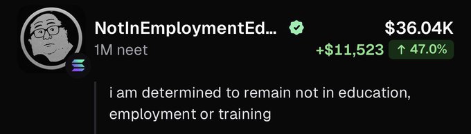 A social media profile for 'NotInEmploymentEd...' shows $36.04K with +$11,523 (↑47.0%) gains, labeled '1M neet,' with a bio stating 'i am determined to remain not in education, employment or training.'