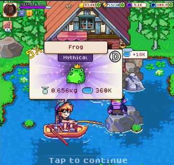 In the image, a small cartoon frog is shown in a boat on a river. The scene also includes a large house nearby with a pond and some rocks. There is text above the frog that reads "Frog Mythical" and another line below it saying "D". A few other people are present near the frog as well.

The main post features an illustration of a boy in a boat who has just caught a monster fish, which appears to be a frog. This fish is described as mythic, and the image also includes text that says "45K", "36K", and "tip to continue". The overall scene seems to be set in a cartoon-style, where the characters are anthropomorphized with human activities like fishing and boating.