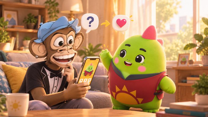 A 3D animated cartoon scene showing a Bored Ape NFT character wearing a blue hat looking at a phone displaying a green monster character, with a heart emoji speech bubble above the green monster.