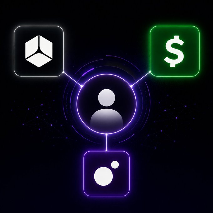 A neon-style digital graphic showing a central user profile icon connected to three symbols: a cube logo, a green dollar sign, and a purple liquid drop icon.
