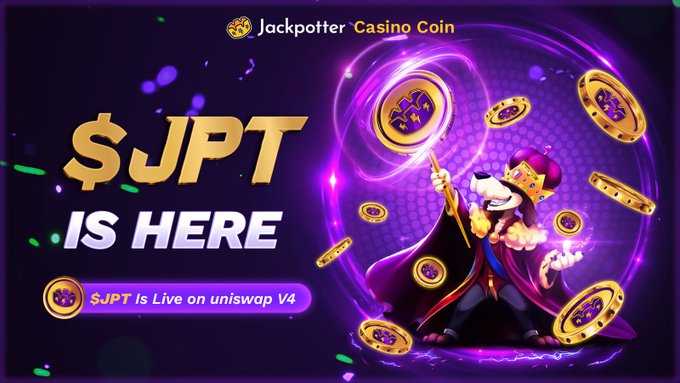 A promotional graphic for "Jackpotter Casino Coin" featuring the $JPT token, with an illustration of a crowned character holding a staff surrounded by floating gold coins and a purple energy vortex. The text announces "$JPT IS HERE" and notes that "$JPT Is Live on uniswap V4," supporting the post announcing the token's launch and the poster's intent to stream a casino betting session.