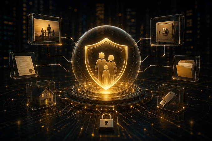 A glowing golden shield emblem featuring a family icon sits at the center of a digital sphere, connected by luminous circuitry to surrounding icons representing family photos, legal documents, real estate, a safe, cloud storage, and USB drives, all set against a dark cityscape backdrop. The image visually reinforces $GENVAULT's mission of providing blockchain-based infrastructure to safeguard family legacies, digital assets, and important records for future generations.