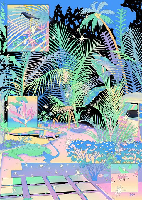 A vibrant illustration depicts a lush tropical garden filled with palm trees, stylized foliage, and small inset panels showing birds and other natural elements against a dark background.