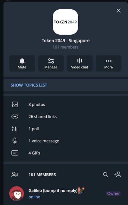 A screenshot of a Telegram group chat titled "Token 2049 - Singapore" with 161 members, showing shared media including 8 photos, 26 shared links, 1 poll, 1 voice message, and 4 GIFs, with the owner listed as "Galileo (bump if no reply)." The image illustrates the large group chat mentioned in the post, created to coordinate with friends attending the upcoming Token2049 Singapore event.
