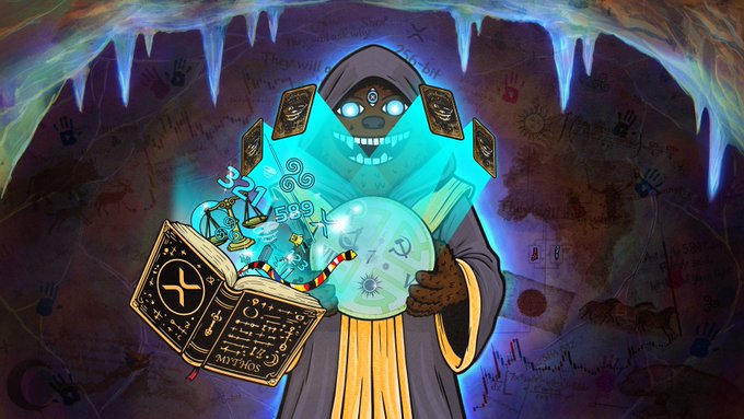 An illustration of a hooded mystical figure with glowing blue eyes holding a magical book and orb, set in an ice cave with handprints on the walls.