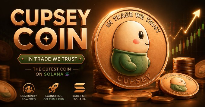 A promotional banner for 'CUPSEY COIN' described as 'THE CUTEST COIN ON SOLANA,' featuring a chubby cartoon mascot on a gold coin with the tagline 'IN TRADE WE TRUST.'
