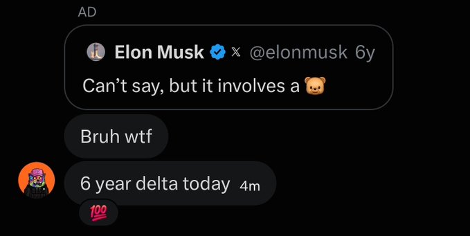 A Twitter user points out that Elon Musk's 6-year-old tweet about something involving a teddy bear has a "6 year delta today," which the poster relates to the suspension of @fuzzy_xrp.