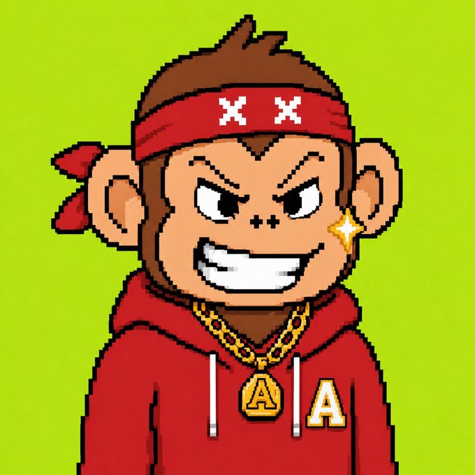 This pixelated image features a stylized monkey wearing a red bandana, hoodie, and a gold chain with an "A" pendant, representing part of the @ApezHood giveaway. The monkey's design aligns with the NFT theme common in cryptocurrency giveaways like the one mentioned in the accompanying post.