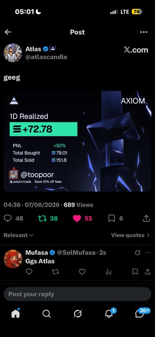 A Twitter/X post from Atlas (@atlascandle) sharing an Axiom trading card showing 1D Realized PNL of +72.78%, with 92% PNL, 79.01 bought, and 151.8 sold by @toopoor.