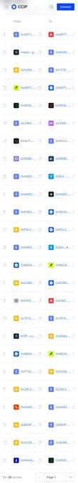 Screenshot of a CGP (CoinGecko Pool?) interface showing a list of cryptocurrency pairs with names and identifiers in a mobile app format.
