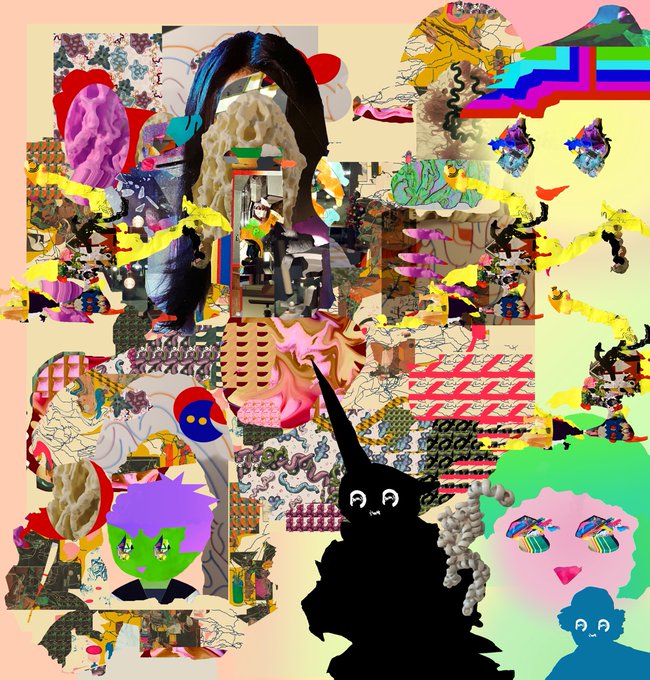 A chaotic digital collage featuring a central figure with horns, surrounded by various colorful abstract patterns, cartoon faces, and textured fragments in a maximalist style.