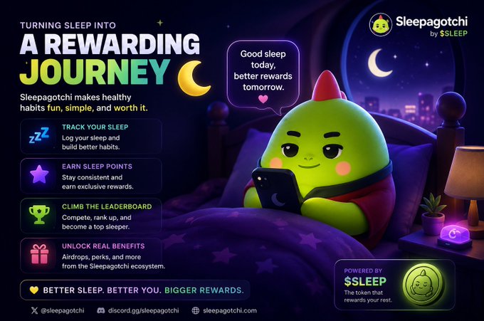 A promotional graphic for "Sleepagotchi" features a green, blob-like character with a red tuft lying in bed holding a phone, with the tagline "Turning Sleep Into A Rewarding Journey." It advertises features including "Track Your Sleep," "Earn Sleep Points," "Climb the Leaderboard," and "Unlock Real Benefits," all powered by the $LEEP token. The image visually supports the post's theme by showing how Sleepagotchi gamifies sleep through routines, rewards, and community engagement.