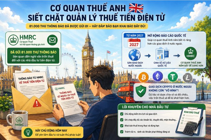 A Vietnamese-language advisory graphic warns 'CƠ QUAN THUẾ ANH 🇬🇧 SIẾT CHẶT QUẢN LÝ THUẾ TIỀN ĐIỆN TỬ,' noting 81,000 notices have been sent by HMRC regarding cryptocurrency tax enforcement starting 2027.