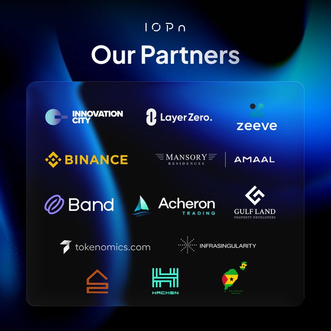 A promotional graphic for 'IOPn' displaying their partners including Innovation City, Layer Zero, Zeeve, Binance, Mansory Residences, Amaal, Band, Acheron Trading, Gulf Land Property Developers, Tokenomics.com, Infrasingularity, Hacken, and others.