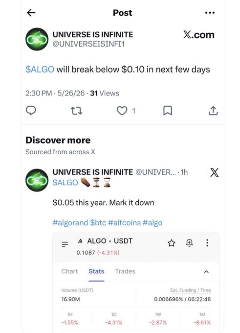 iced tea with a green lid and a white teapot, accompanied by a social media post on the side about a cryptocurrency called AlgoSter.