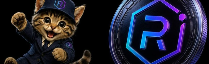 A promotional image featuring an animated kitten in a cap with the "R" logo, next to a large 3D coin displaying the "Ri" cryptocurrency logo in blue and purple.