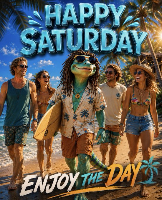 A vibrant beach scene featuring a green, lizard-like humanoid character in a Hawaiian shirt and sunglasses walking with four people, with the text 'HAPPY SATURDAY' at the top and 'ENJOY THE DAY' at the bottom.
