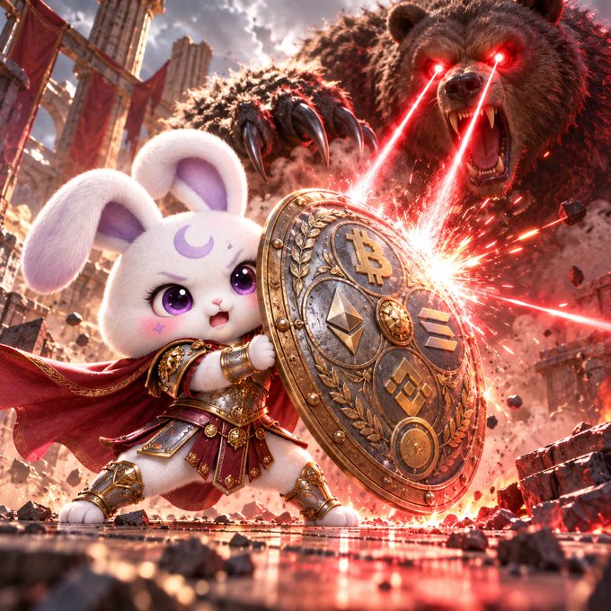 A cute warrior bunny in Roman-style armor bravely wields a shield emblazoned with Bitcoin (₿), Ethereum (Ξ), and BNB logos to deflect an attacking bear shooting red laser beams from its glowing eyes. The image visually represents the post's message about crypto and risk assets ($BTC at $83.5K, $ETH at $2.6K) facing bearish market resistance amid the current sell-off and bounce attempt.