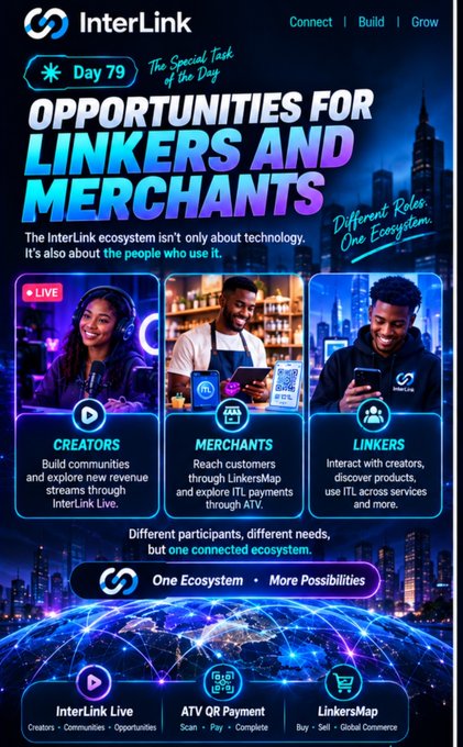 A promotional graphic for 'InterLink' titled 'Day 79: Opportunities for Linkers and Merchants,' highlighting three roles—Creators, Merchants, and Linkers—with photos of people and text including 'The InterLink ecosystem isn't only about technology. It's also about the people who use it.'