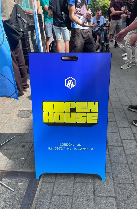 A blue A-frame 'OPEN HOUSE' sign on a city sidewalk in London, UK, displaying coordinates 51.5072° N, 0.1276° W, with people standing in the background.
