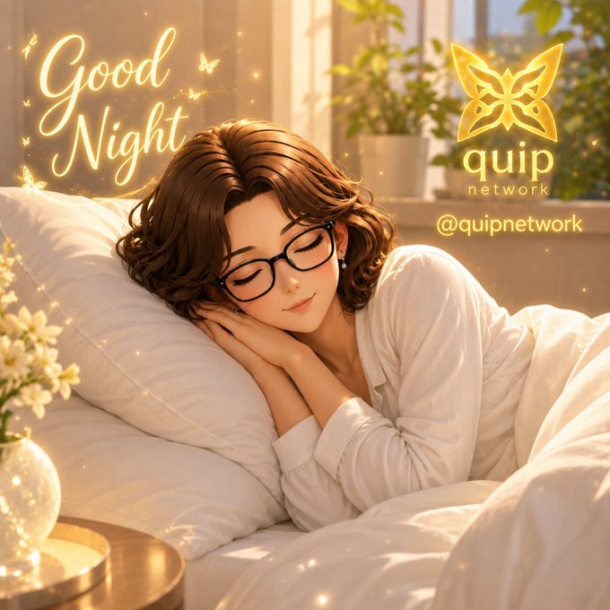 A digital illustration of a woman with glasses sleeping peacefully with the text "Good Night" and "quip network @quipnetwork" with a butterfly logo.