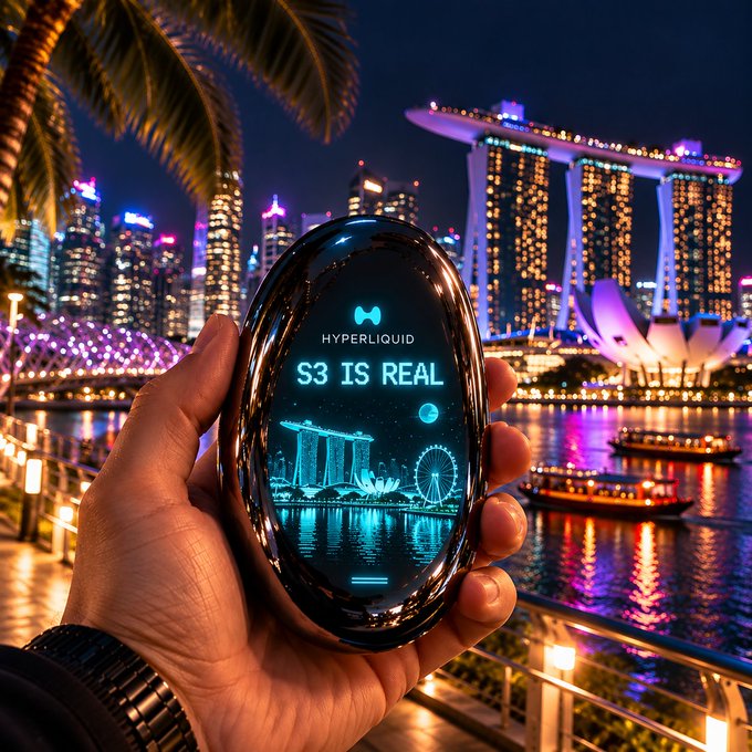 A hand holds a sleek black oval device displaying the 'HYPERLIQUID' logo and the text 'S3 IS REAL' alongside a digital rendering of the Singapore skyline, with the Marina Bay Sands visible in the actual background.