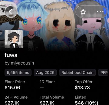 An NFT marketplace listing for 'fuwa' by miyacousin, showing a price of $15.00 on the Robinhood Chain PFP collection, with 5,555 items.