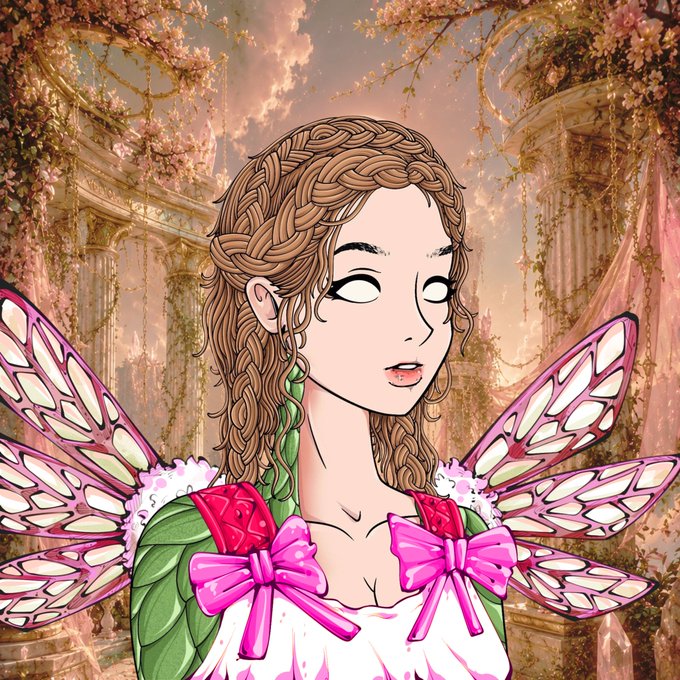 An illustration of a female fairy character with braided brown hair, blank white eyes, pink butterfly wings, and a pink bow, set against a fantasy background.